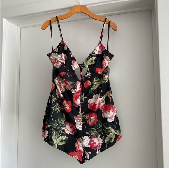 REVOLVE By The Way Brita Floral Satin Cami Romper Dress Black Slip Tie front New - Picture 13 of 13